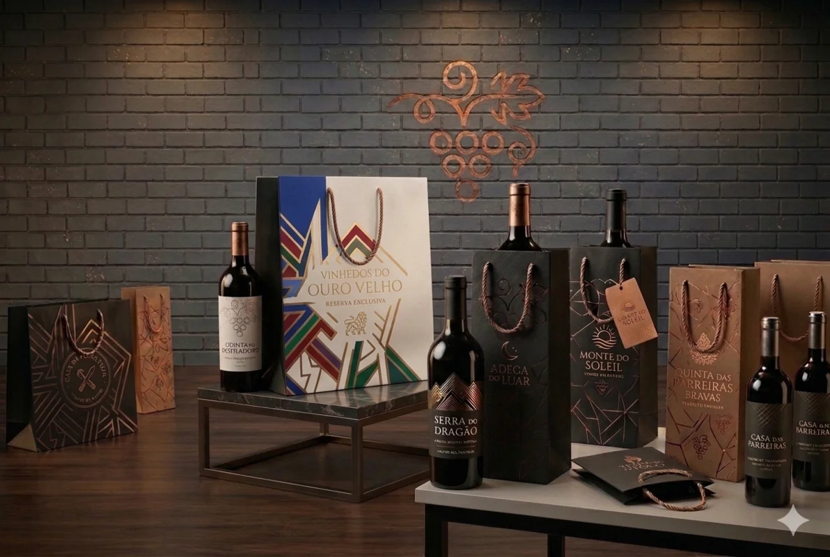 Sacolas de papel personalizadas para vinhos com acabamentos premium